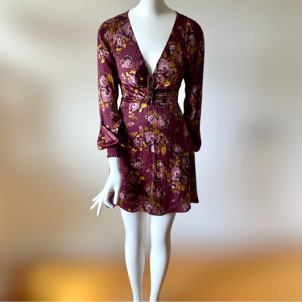 Free People burgundy Morning Light floral fit & flare long sleeve mini dress 6